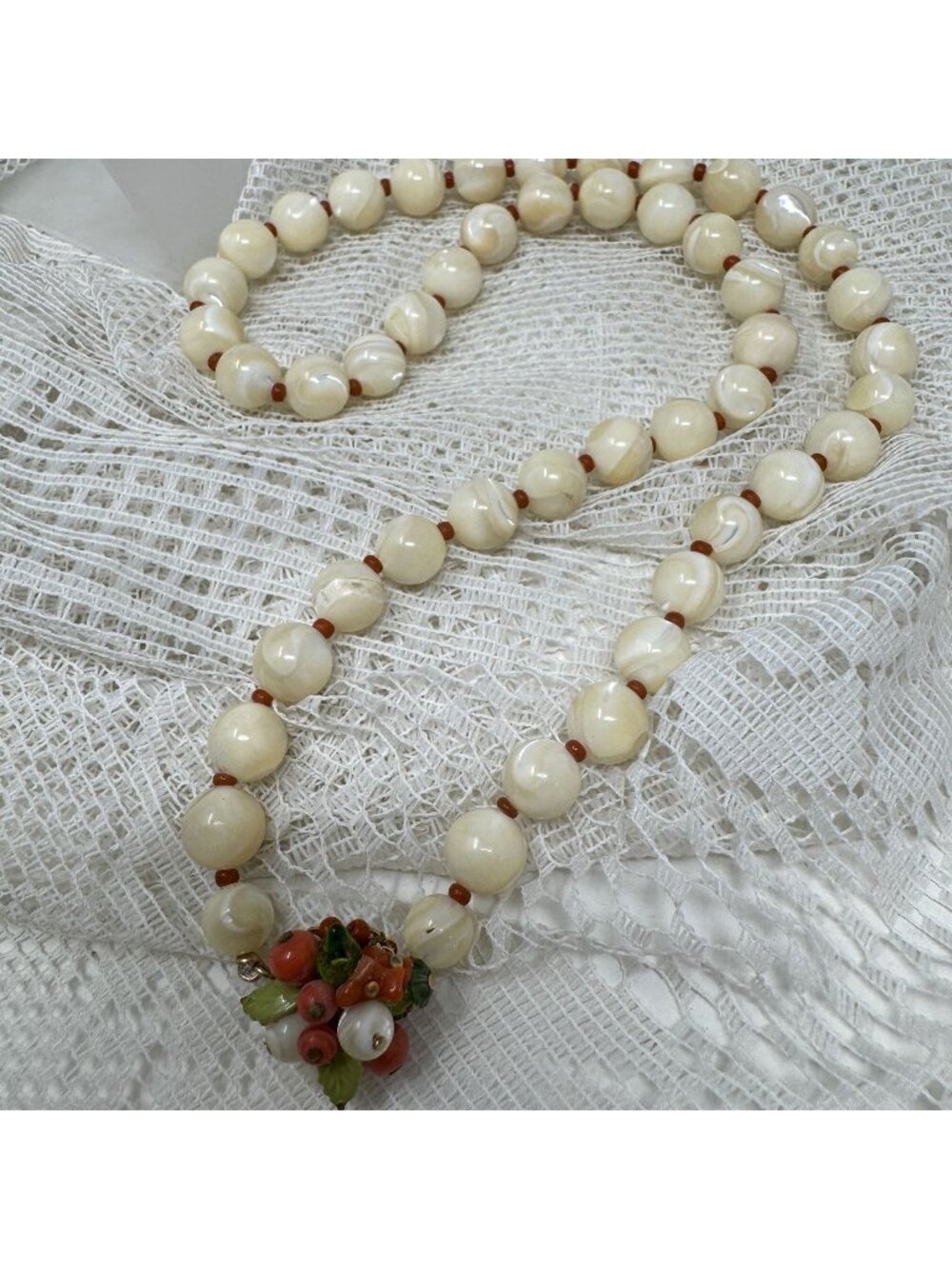 Vintage Vendome Beaded Necklace With MOP Swirl Beads, Red Accents & Berry n Leav